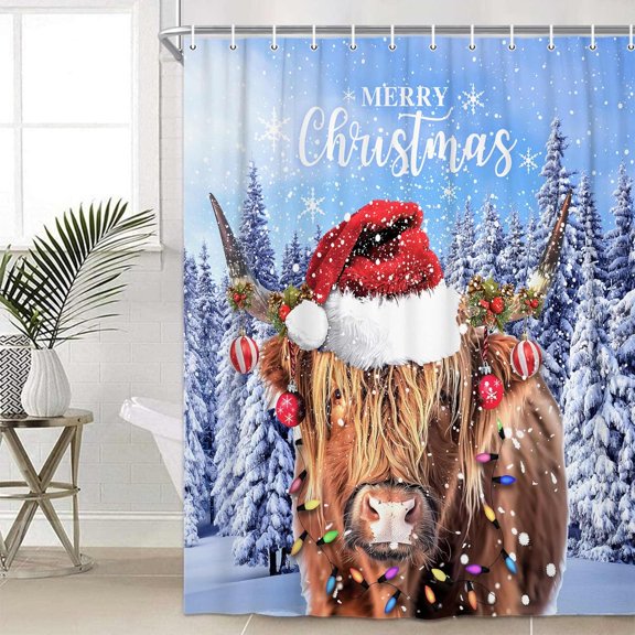 Merry Christmas Farmhouse Cow Shower Curtain, Rustic Winter Forest Animals Xmas Cow Snowfall Fabric Bathroom Shower Curtain Set, Bath Curtain with Hooks,70X70IN