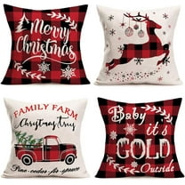 Merry Christmas Farmhouse Decorative Pillow Covers 18x18 Inch Set of 4 Black Red Buffalo Plaids Truck Xmas Trees Reindeer Snowflake Winter Holiday Throw Pillow Cases Cotton Linen Pillow Shams