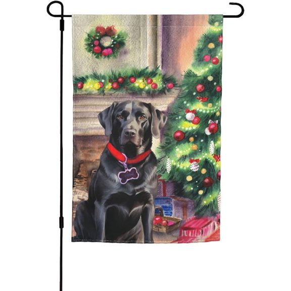 Merry Christmas Fireplace Black Labrador Lab Dog Retriever Garden Flag 12x18 Inch Double Sided Vertical Decoration Yard Small Flag For Outside Holiday Seasonal Outdoor