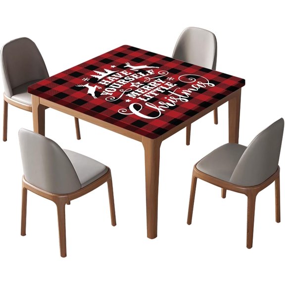 Merry Christmas Fitted Polyester Tablecloths Square, Buffalo Plaid Elastic Edge Home Decor Table Cover, Stain Resistant Washable Tablecloth For Family Holiday Party use, Fit For 36" x 36" Square Table