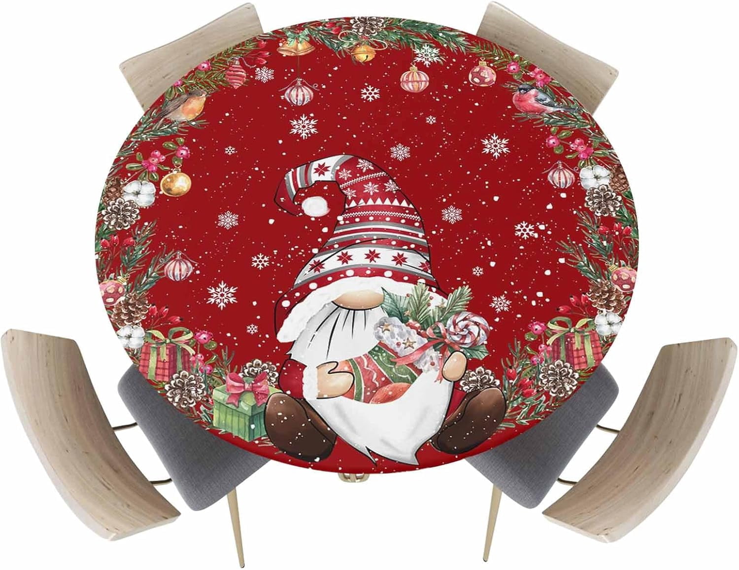 Merry Christmas Fitted Red Tablecloth Waterproof Round Table Cloth,Gnome Xmas Sock Gift Snowflake Tablecloths Pine Cone Ball Elastic Edge Table Cover for Winter Holiday Party Decor,45-52in
