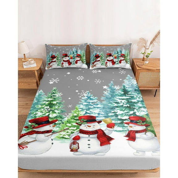 Merry Christmas Fitted Sheet Set for King Size Bed Snowman with Green Pine Tree 3 Pieces Bedding Sheets-Deep Pocket Bedsheet Fits Mattress Upto 16",2 Pillow Cases Bedroom Decor Snowflakes