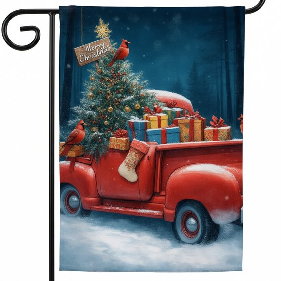 Merry Christmas Flag,A red truck with a christmas tree and presents in the back,28 x 40 in,Christmas Flag for Flag Pole,Holiday Christmas Decorations