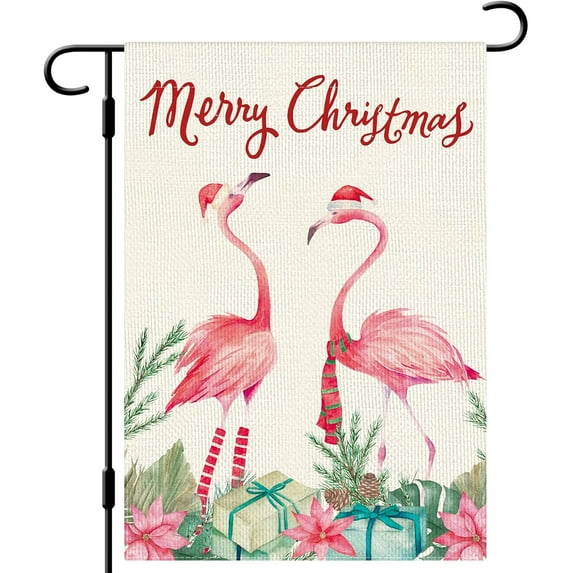Merry Christmas Flamingo Garden Flag 12.5x18 Double Sided Vertical Burlap Farmhouse Yard Flag Christmas Winter Outdoor House Decoration
