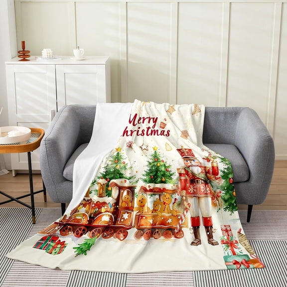 Merry Christmas Flannel Blanket 40x50 Inch Cute Nutcracker Fleece Blanket Xmas Vintage Farmhouse Fuzzy Plush Yellow Kawaii Gingerbread Man Living Room Decor