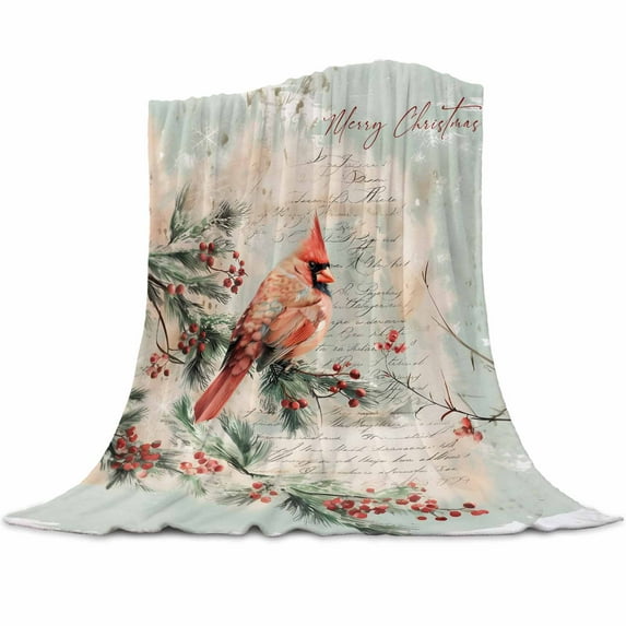 Merry Christmas Flannel Blanket for Bed,Travel and Camping, Cardinal Berries Evergreen Bough Love Letter Super Soft Cozy Blanket for All Seasons 40"x50"