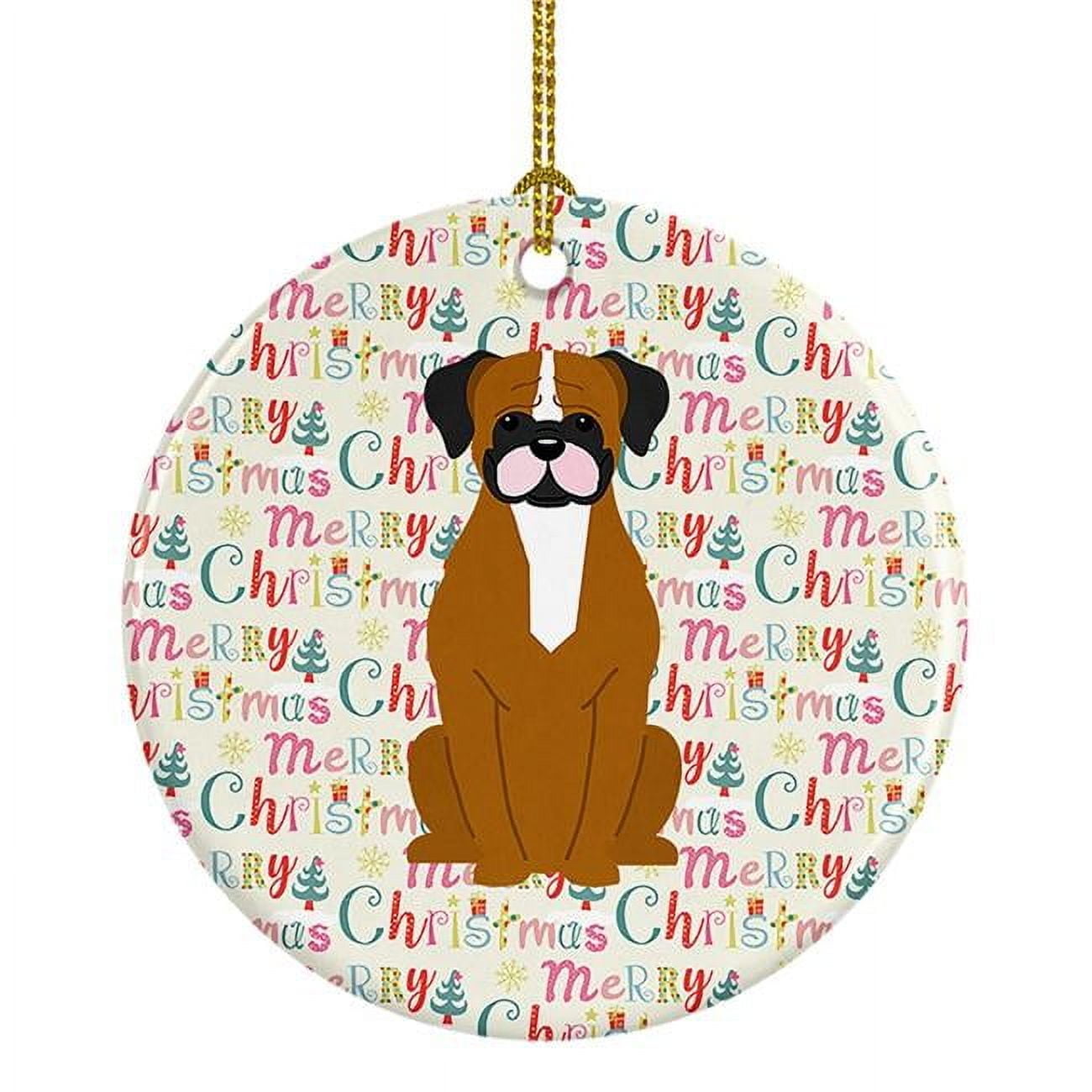 Merry Christmas Flashy Fawn Boxer Ceramic Ornament 2.8 in x 2.8 in