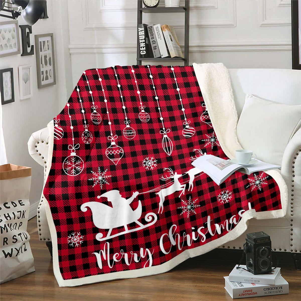 Merry Christmas Fleece Blanket Santa Claus Reindeer Silhouette Print