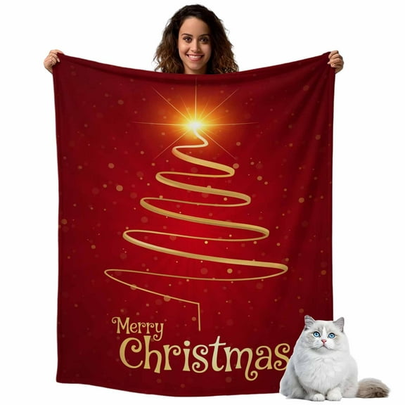 Merry Christmas Fleece Throw Blanket Lightweight Abstract Red Gold Xmas Tree Stripe Shiny Star Fuzzy Flannel Throws Super Soft Cozy Flannel Blanket for Couch, Sofa, Bed, Travel 40"x50"