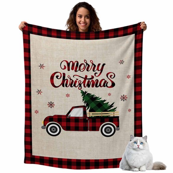 Merry Christmas Fleece Throw Blanket Lightweight Red Truck Pull Xmas Tree Rustic Background Fuzzy Flannel Throws Super Soft Cozy Flannel Blanket for Couch, Sofa, Bed, Travel 50"x80"