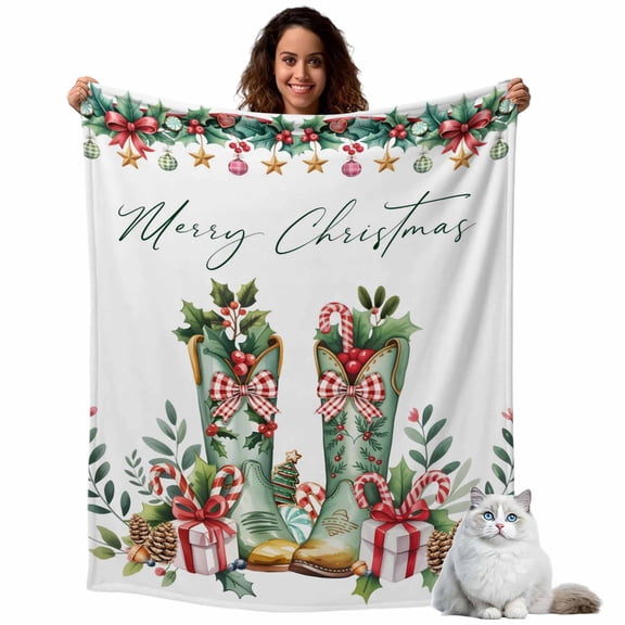 Merry Christmas Fleece Throw Blanket Lightweight Western Green Boots Pine Leaf Candy Canes Fuzzy Flannel Throws Super Soft Cozy Flannel Blanket for Couch, Sofa, Bed, Travel 60"x80"