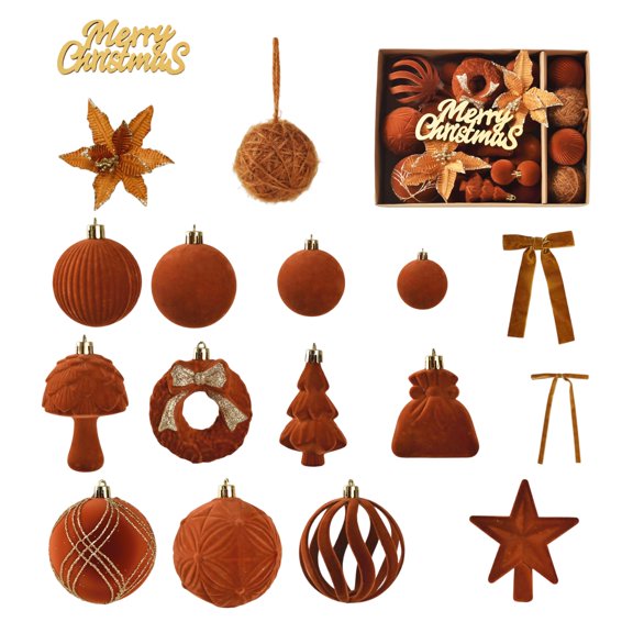 Merry Christmas Flocked Ornament Set with 38 Pieces, Christmas Tree Decorations Kit Including Baubles, Star Topper, Mushroom, Wreath, Gift Ornament, Bows & Poinsettia Accents for Holiday Tree Decor
