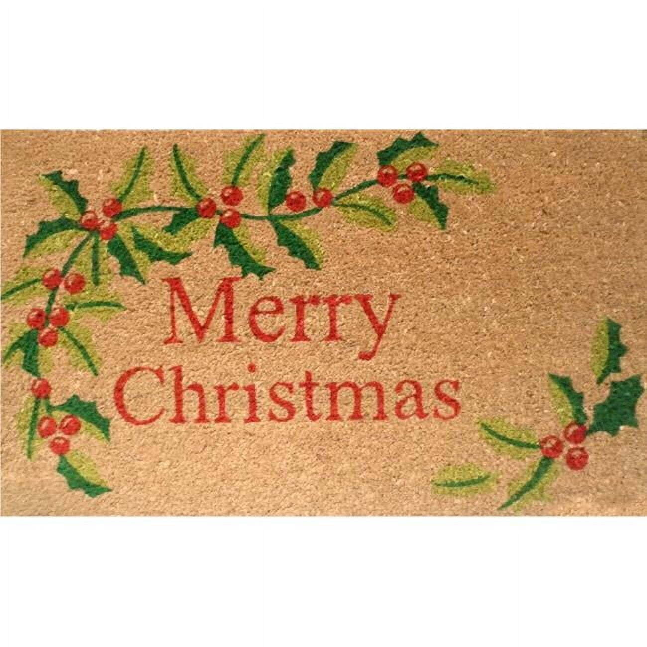 Merry Christmas Coir Doormat with Holly Design