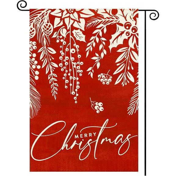 Merry Christmas Floral Garden Flag 12.5x18 Double Sided Red Burlap Outdoor Yard Winter Decoration