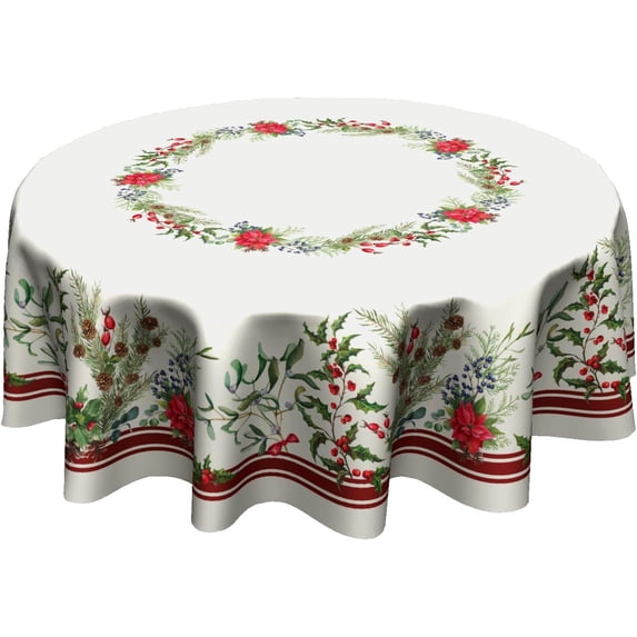 Merry Christmas Flowers Round Tablecloth Winter Red Flowers and Leaf Table Cloth 60 Inch Christmas Decor Holiday Xmas Table Cover Winter Tablecloth Reusable for Kitchen Dining Home Outdoor Decor