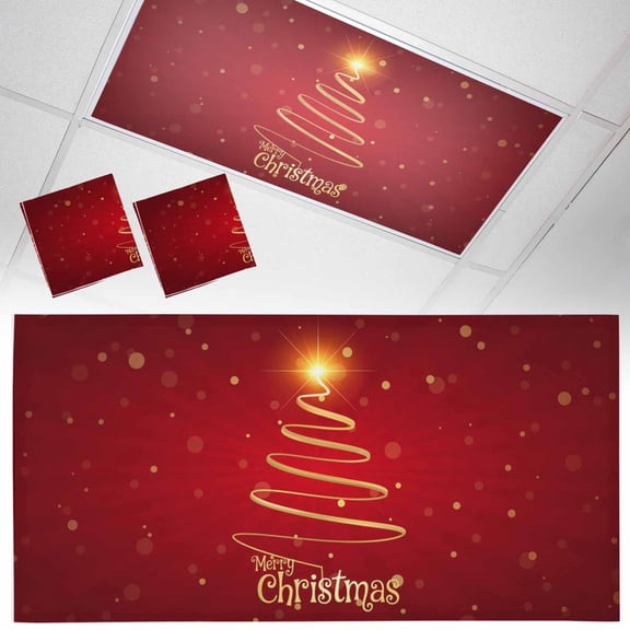 Merry Christmas Fluorescent Light Covers Abstract Red Gold Xmas Tree Stripe Shiny Star Magnetic Light Filters Ceiling Lighting Panel Shade for Classroom Office Home 2 x 4 ft, 2 Pack