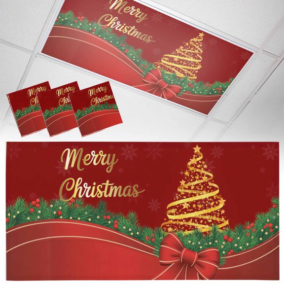 Merry Christmas Fluorescent Light Covers Gold Christmas Tree Red Ribbon Green Pine Magnetic Light Filters Ceiling Lighting Panel Shade for Classroom Office Home 2 x 4 ft, 3 Pack