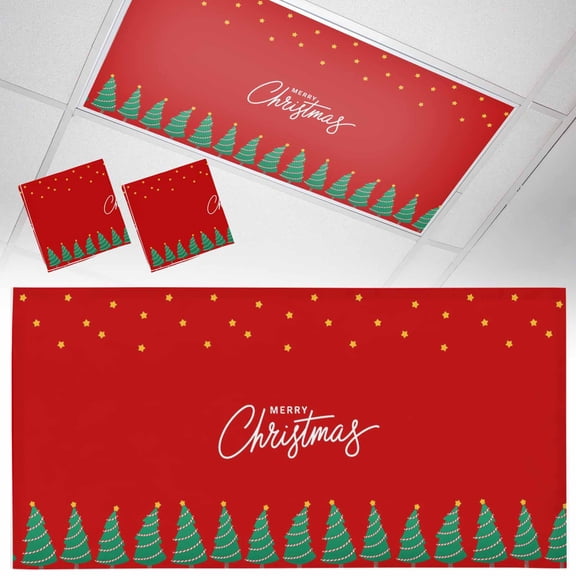 Merry Christmas Fluorescent Light Covers Green Tree Star Red Background Magnetic Light Filters Ceiling Lighting Panel Shade for Classroom Office Home 2 x 4 ft, 2 Pack