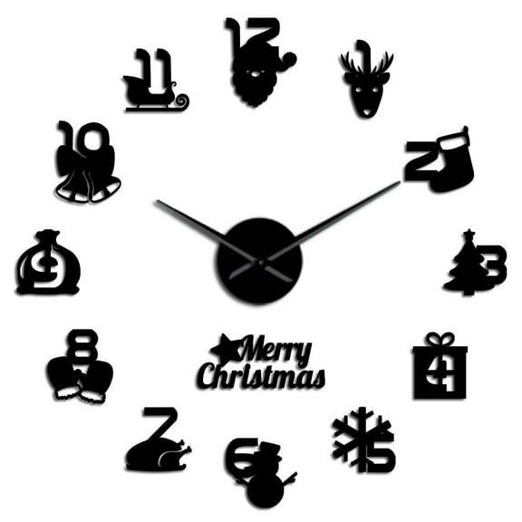 Merry Christmas Frameless DIY Wall Art Wall Clock Santa Claus Home Decoration Hanging Timepiece Big Wall Watch Housewarming Gift(Black,37inch)