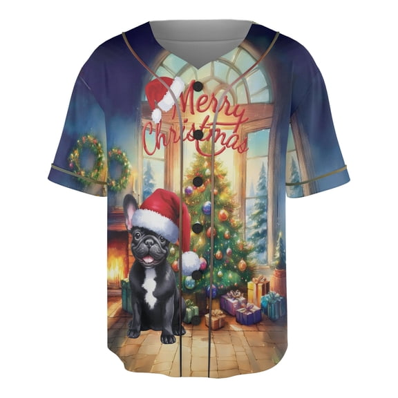 Merry Christmas French Bulldog Santa Hat Xmas Tree Winter Holiday All Over Print 3D Baseball Shirt Dog Lover Gifts Softball Sport - 01013