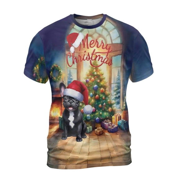 Merry Christmas French Bulldog Santa Hat Xmas Tree Winter Holiday All Over Print 3D Shirt Unisex Merch Dog Lover Gifts - 01013