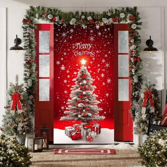 Taicans Merry Christmas Front Door Cover - 35 X 72 Inch Red Snowflake & Tree Banner,Indoor/Outdoor Holiday Party Decorations,Xmas Hanging Backdrop for Home Christmas Decorations