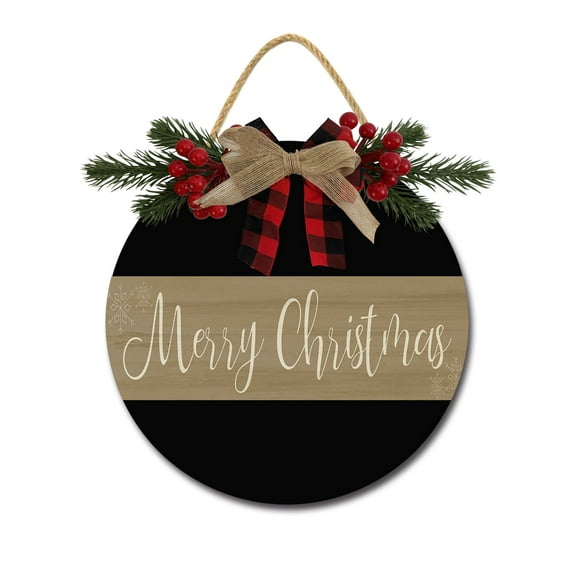 Merry Christmas Front Door Sign Funny Wreaths Hanging Wooden Plaque Decoration Round Rustic Wood Farmhouse Porch Decor for Home Front Door Decor, 11 x 11 Inch