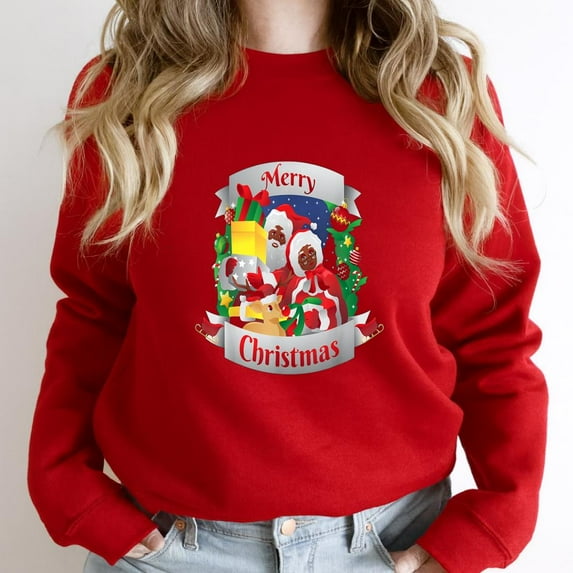 Merry Christmas Funny African American St. Nick Claus & Mrs. Claus Graphic SW3628 Unisex Sweatshirt, Up to Size 5XL