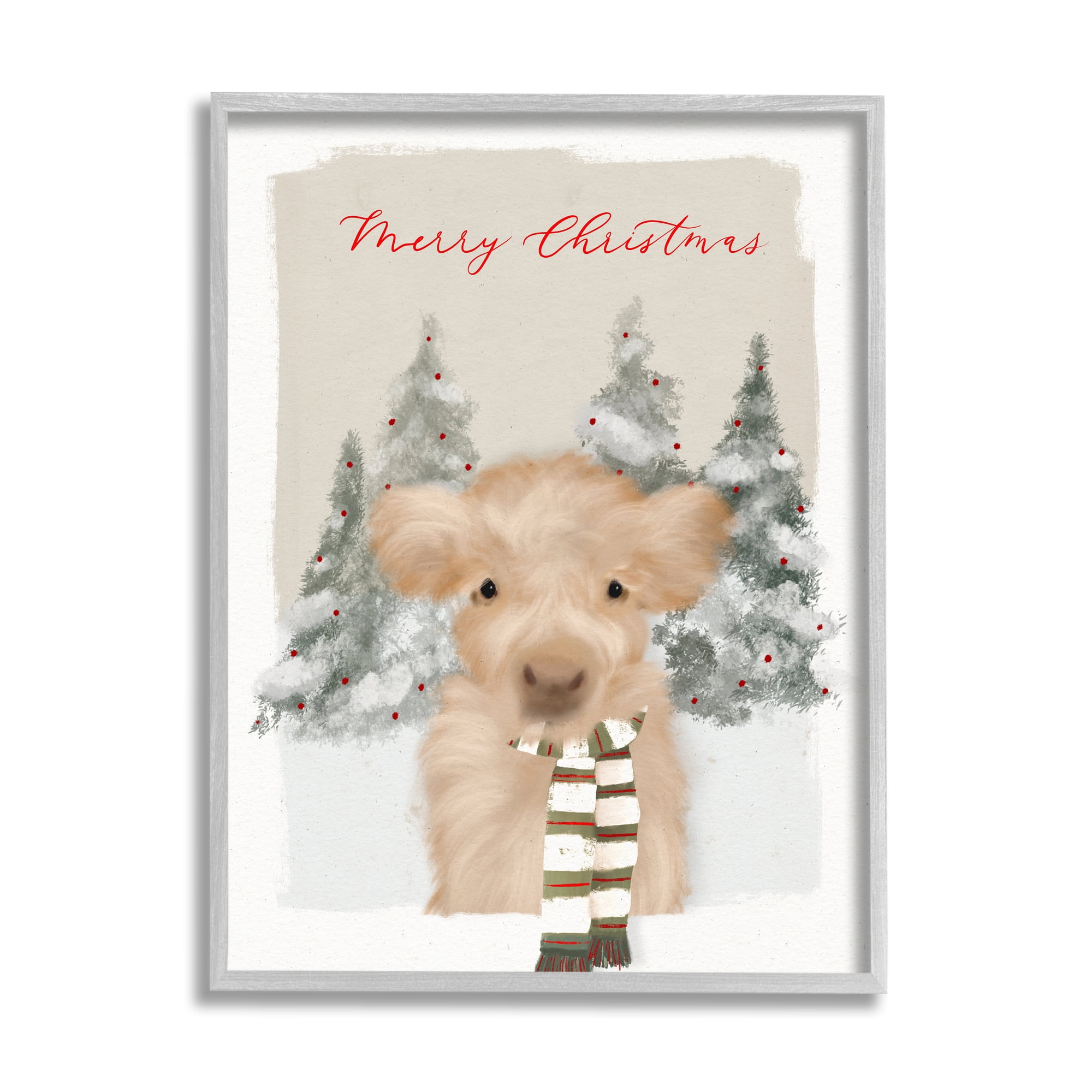 Merry Christmas Fuzzy Baby Calf Cattle Striped Scarf Animals & Insects Graphic Art Framed Art Print Wall Art