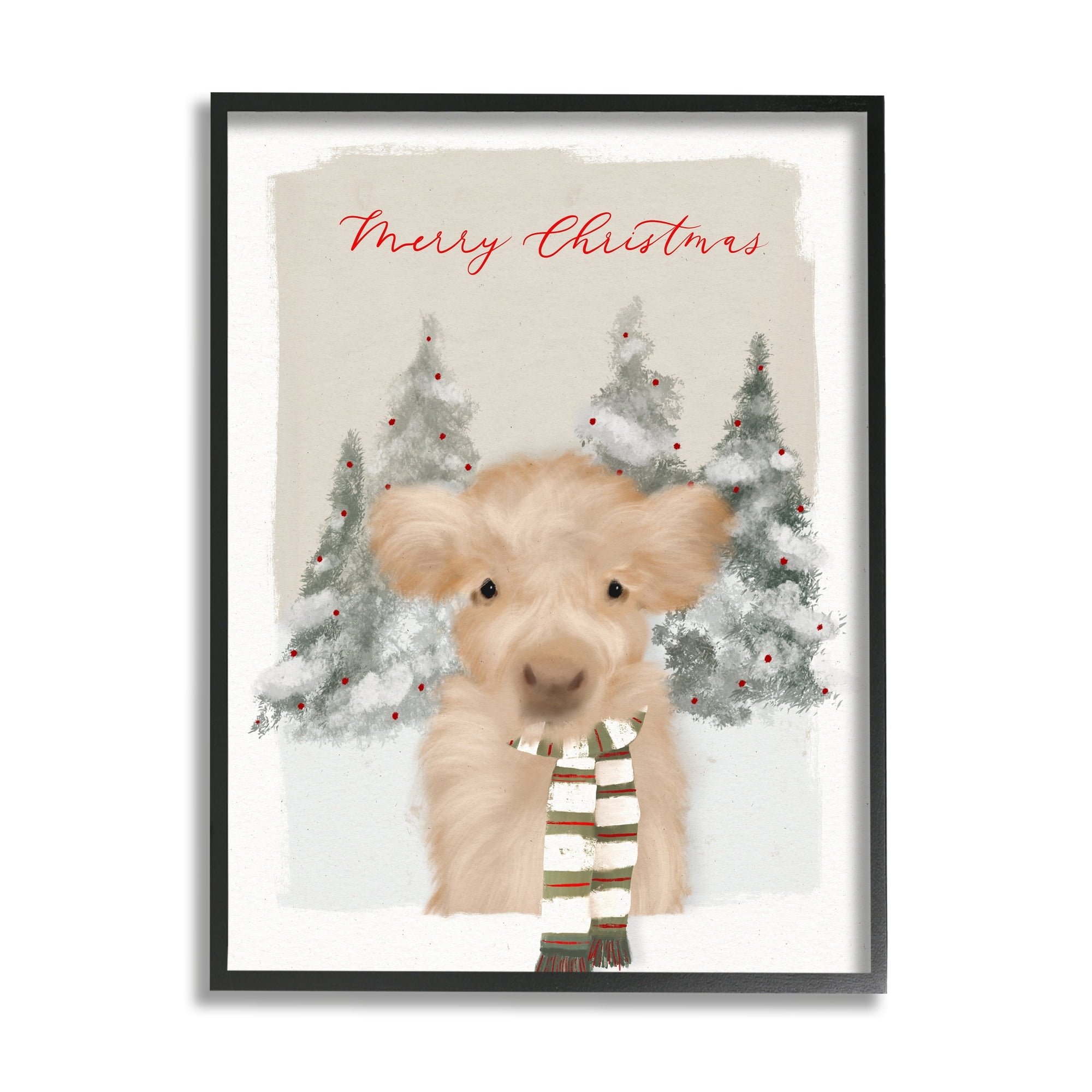 Merry Christmas Fuzzy Baby Calf Cattle Striped Scarf Animals & Insects Graphic Art Framed Art Print Wall Art