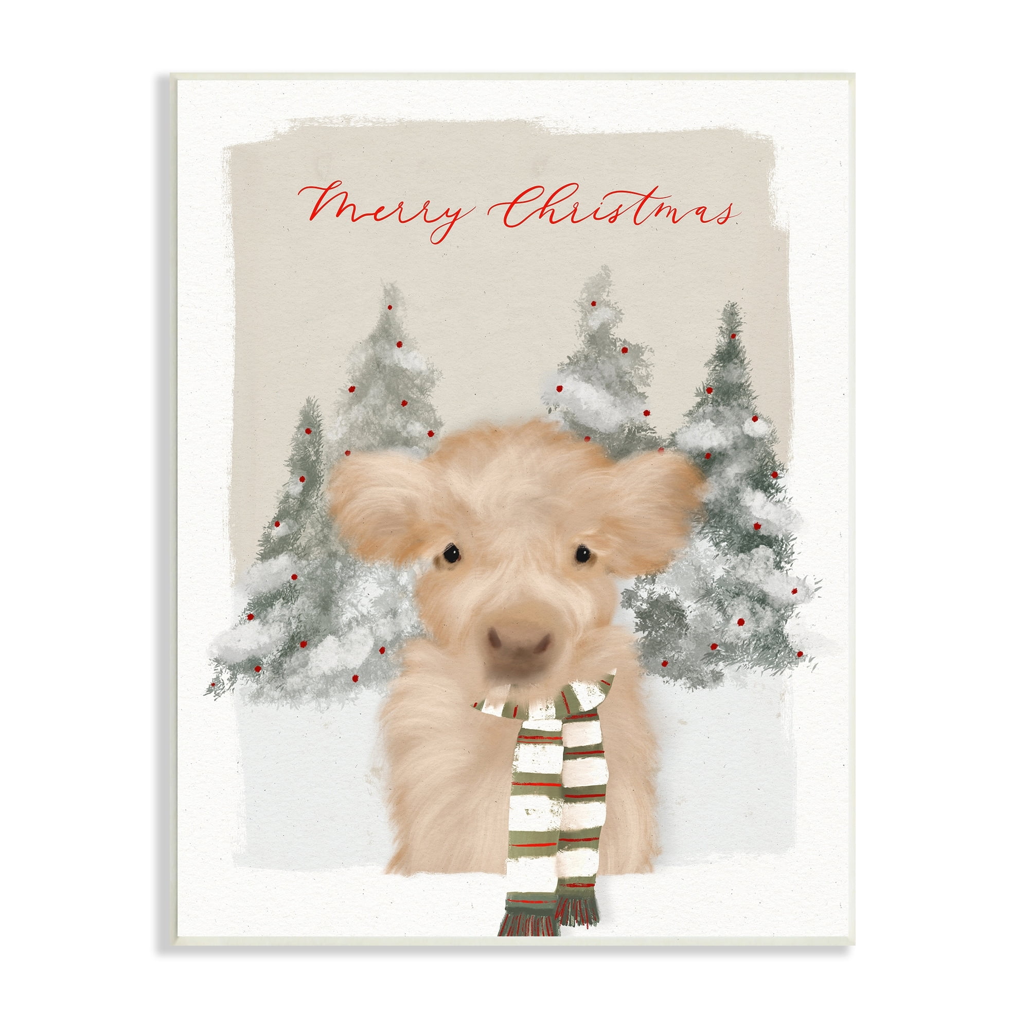 Merry Christmas Fuzzy Baby Calf Cattle Striped Scarf Animals & Insects Graphic Art Unframed Art Print Wall Art