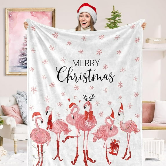 Merry Christmas Fuzzy Blanket Pink Flamingo Snowflake Throw Blanket Xmas Soft Cozy Flannel Blanket for Home Party Bed Sofa Couch, 50 x 60 Inch