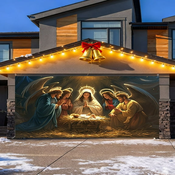 Merry Christmas Garage Door Background - 7 x 16 Ft Decorative Banner for Party Photography and Holiday Celebrations