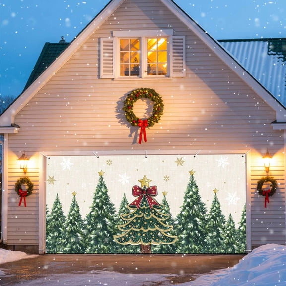 Merry Christmas Garage Door Banner Covers, Fantasy Xmas Trees Stars Winter Snowflakes Linen Texture Large Hanging Indoor/Outdoor Backdrop Background for Christmas Winter Party Decor, 6.9x16 FT