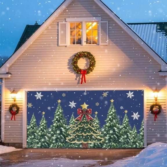 Merry Christmas Garage Door Banner Covers, Fantasy Xmas Trees Stars Winter Snowflakes Navy Blue Large Hanging Indoor/Outdoor Backdrop Background for Christmas Winter Party Decor, 6.9x16 FT