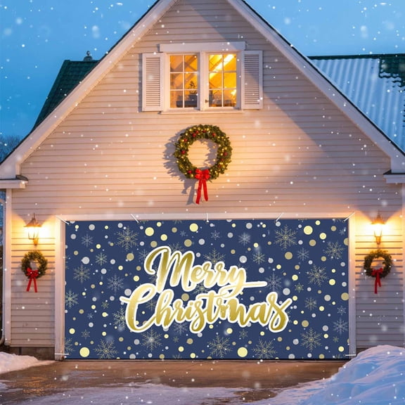 Merry Christmas Garage Door Banner Covers, Navy Blue Gold Polka Dot Winter Snowflakes Large Hanging Indoor/Outdoor Backdrop Background for Christmas Winter Party Decor, 6x13 FT