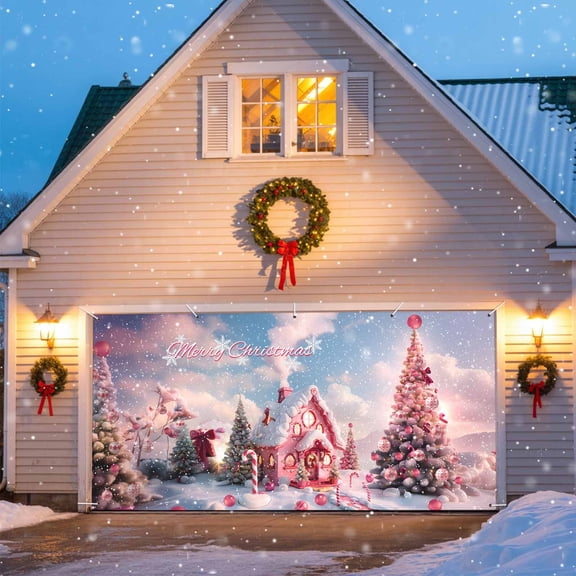 Merry Christmas Garage Door Banner Covers, Pink House Candy Cane Snow Christmas Tree Large Hanging Indoor/Outdoor Backdrop Background for Christmas Winter Party Decor, 6.9x8 FT