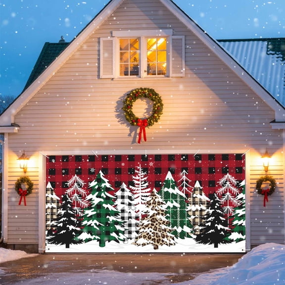 Merry Christmas Garage Door Banner Covers, Red Green Plaid Leopard Xmas Tree Large Hanging Indoor/Outdoor Backdrop Background for Christmas Winter Party Decor, 6x13 FT
