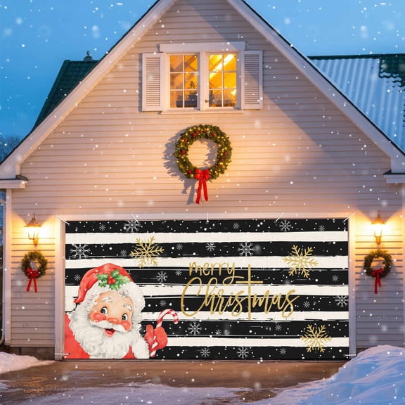 Merry Christmas Garage Door Banner Covers, Red Santa Claus Winter Snowflake Black Stripe Large Hanging Indoor/Outdoor Backdrop Background for Christmas Winter Party Decor, 6x13 FT