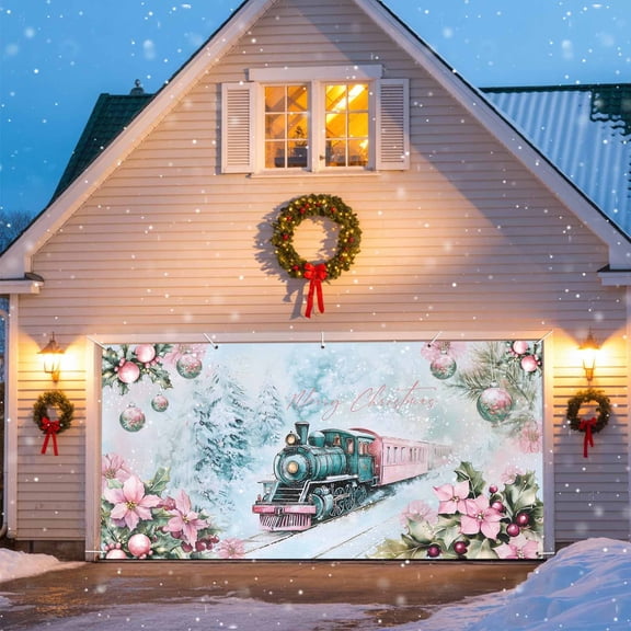 Merry Christmas Garage Door Banner Covers, Train Snow Flowers Lights Berries Pink Large Hanging Indoor/Outdoor Backdrop Background for Christmas Winter Party Decor, 6.9x8 FT