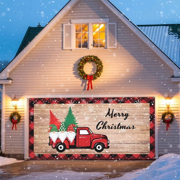 Merry Christmas Garage Door Banner Covers, Xmas Gnomes Trees on Red Truck Winter Snowflakes Wood Grain Large Hanging Indoor/Outdoor Backdrop Background for Christmas Winter Party Decor, 6x13 FT