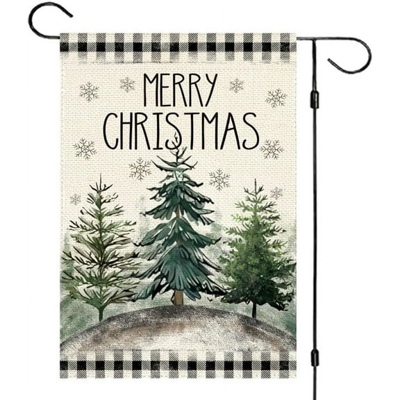 Merry Christmas Garden Flag 12.5x18 Double Sided Outside, Winter Christmas Tree Snowflake Holiday Yard Flag Buffalo Plaid Xmas Outdoor Decotaion 2-12
