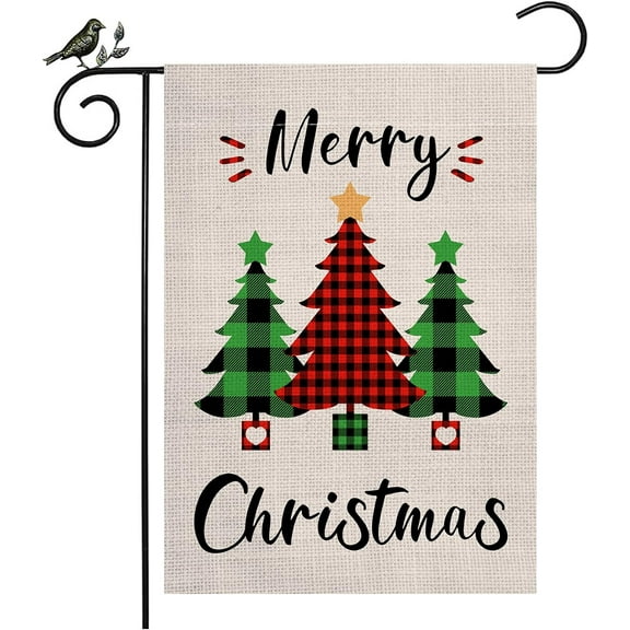 Merry Christmas Garden Flag 12 x 18 Inch Double Side Buffalo Check Plaid Christmas Tree Yard Flag for with Winter Holiday House Outdoor Decor
