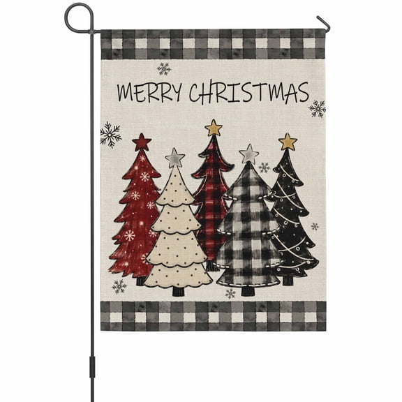Merry Christmas Garden Flag 12 x 18 Inches, Rustic Pine Tree Gingham Border Linen Texture Weather Proof Outdoor Patio Flags Double Sided Small Garden Decoration for Yard Outside Home
