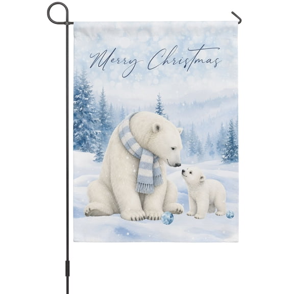 Merry Christmas Garden Flag 12 x 18 Inches, Winter Polar Bear Snowy Mountains Pine Tree Weather Proof Outdoor Patio Flags Double Sided Small Garden Decoration for Yard Outside Home