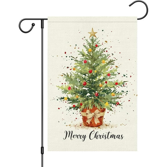 Merry Christmas Garden Flag 12x18 Double Sided, Burlap Welcome Winter Christmas Tree Farmhouse Garden Yard Flags for Xmas Outside Outdoor Decoration (ONLY FLAG)