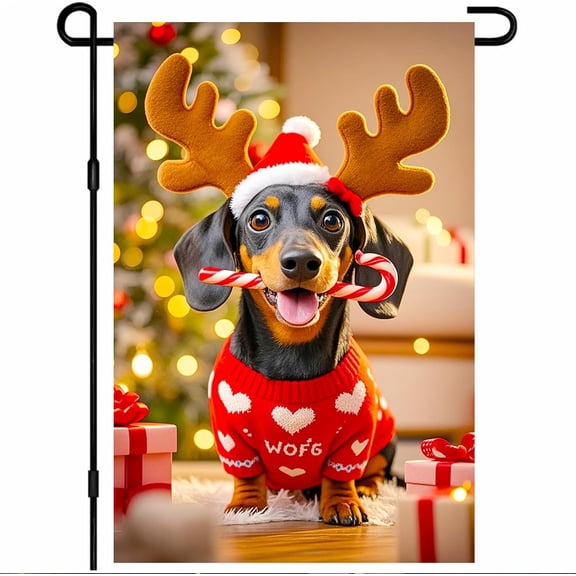 Merry Christmas Garden Flag 12x18 Inch Christmas Dog Double Sided Yard Flag Holiday with Dachshund Reindeer Antlers Red Sweater Candy Cane and Twinkling Tree Lights for Porch Patio Lawn