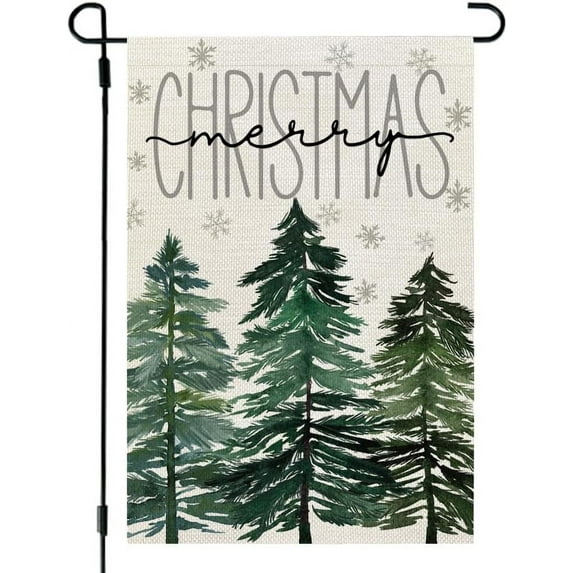 Merry Christmas Garden Flag 12x18 Inch Double Sided for Outside Welcome Small Burlap Pine Trees Green Holiday Yard Flag CF1277-12