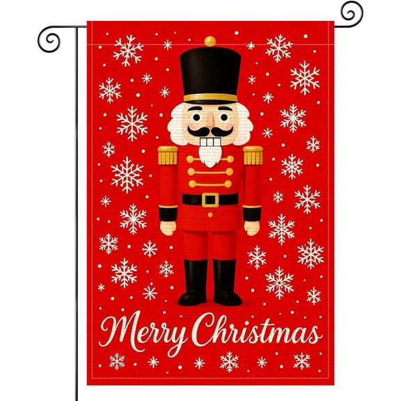 Merry Christmas Garden Flag 12x18 Inch Welcome Garden Flags Burlap Double-Sided Nutcracker Soldier Red Snowflakes Seasonal Outdoor Holiday Banner Winter Flag for Yard Lawn Decoration