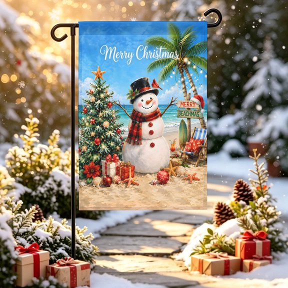 Merry Christmas Garden Flag 12x18 inch Coastal Beach Snowman Green Christmas Tree Double Sided Small Decorative Garden Flags for Outside, Outdoor Yard Porch Lawn Decoration